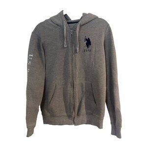 US POLO gray Zipper Hoodie Sweatshirt Front Logo Design Side Arm Print M Sz S